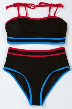 Online Dear-Lover Triple Color Trimmed High Waist Bikini Set Black