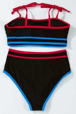 Online Dear-Lover Triple Color Trimmed High Waist Bikini Set Black