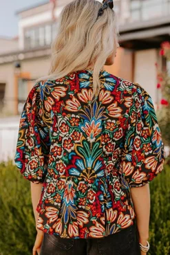 Hot Dear-Lover Tropical Print Bubble Sleeve Knot Front Blouse Black