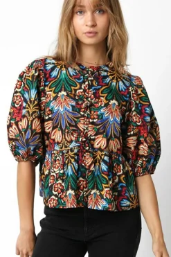 Hot Dear-Lover Tropical Print Bubble Sleeve Knot Front Blouse Black
