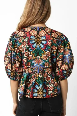 Hot Dear-Lover Tropical Print Bubble Sleeve Knot Front Blouse Black