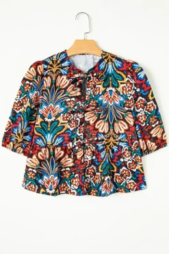 Hot Dear-Lover Tropical Print Bubble Sleeve Knot Front Blouse Black