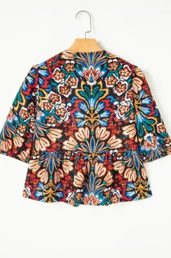 Hot Dear-Lover Tropical Print Bubble Sleeve Knot Front Blouse Black