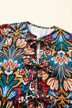 Hot Dear-Lover Tropical Print Bubble Sleeve Knot Front Blouse Black