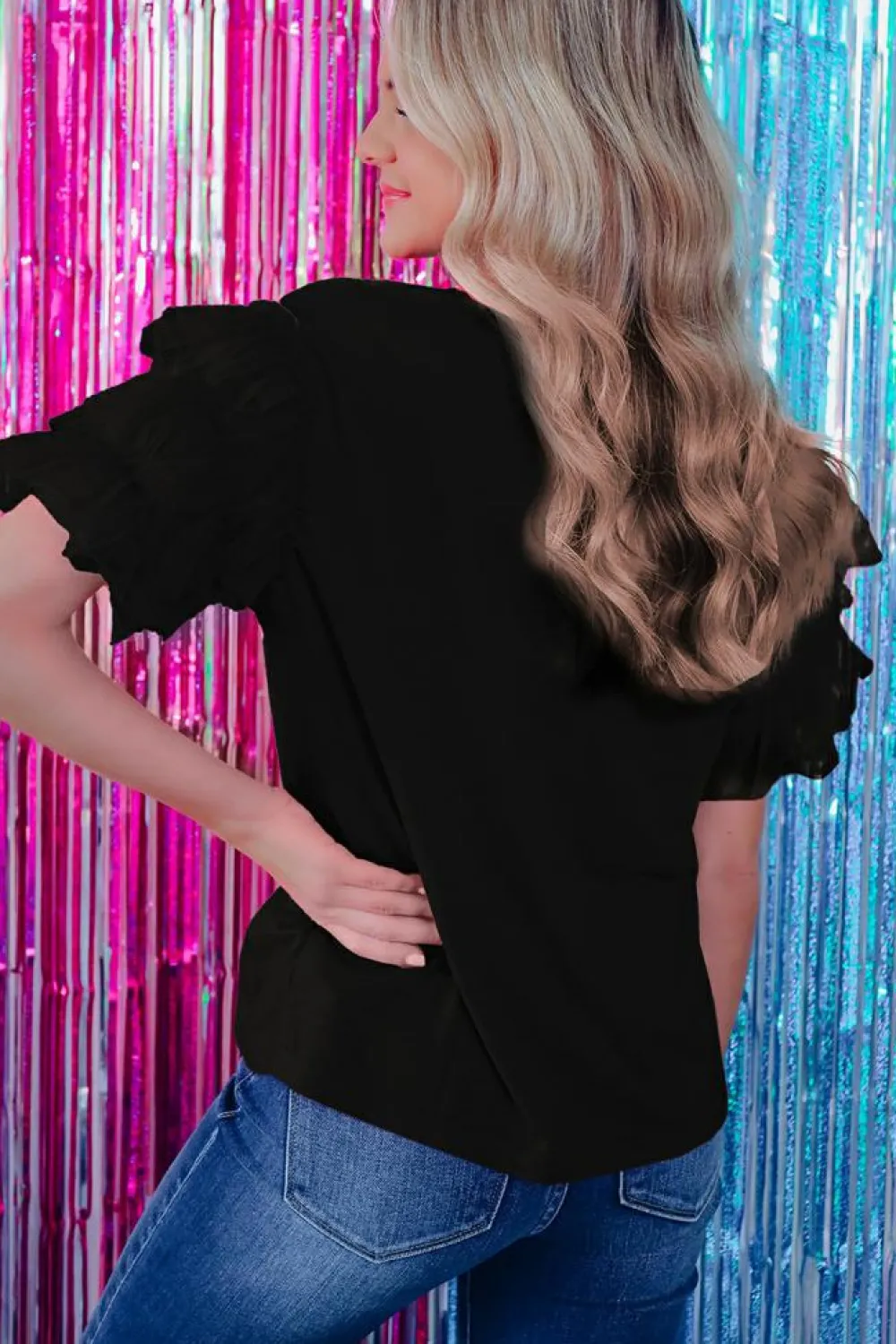 Hot Dear-Lover Tulle Ruffle Sleeve Blouse Black