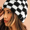Outlet Dear-Lover Two Tone Checkered Folded Eaveless Beanie Cap Black