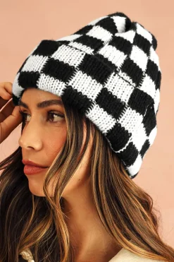 Outlet Dear-Lover Two Tone Checkered Folded Eaveless Beanie Cap Black