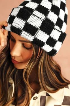 Outlet Dear-Lover Two Tone Checkered Folded Eaveless Beanie Cap Black