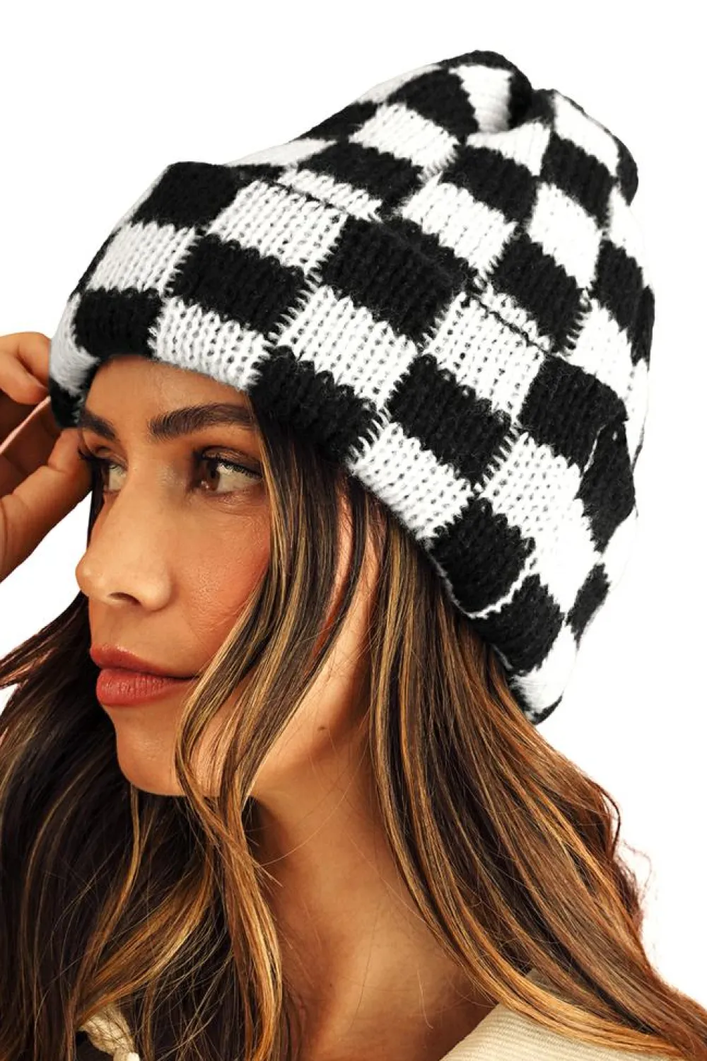 Outlet Dear-Lover Two Tone Checkered Folded Eaveless Beanie Cap Black