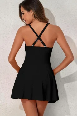 Online Dear-Lover U Neck Adjustable Straps Knotted Skirt Patchwork One Piece Swimsuit Black