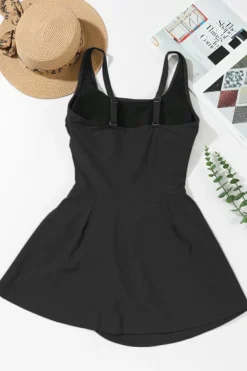 Online Dear-Lover U Neck Adjustable Straps Knotted Skirt Patchwork One Piece Swimsuit Black