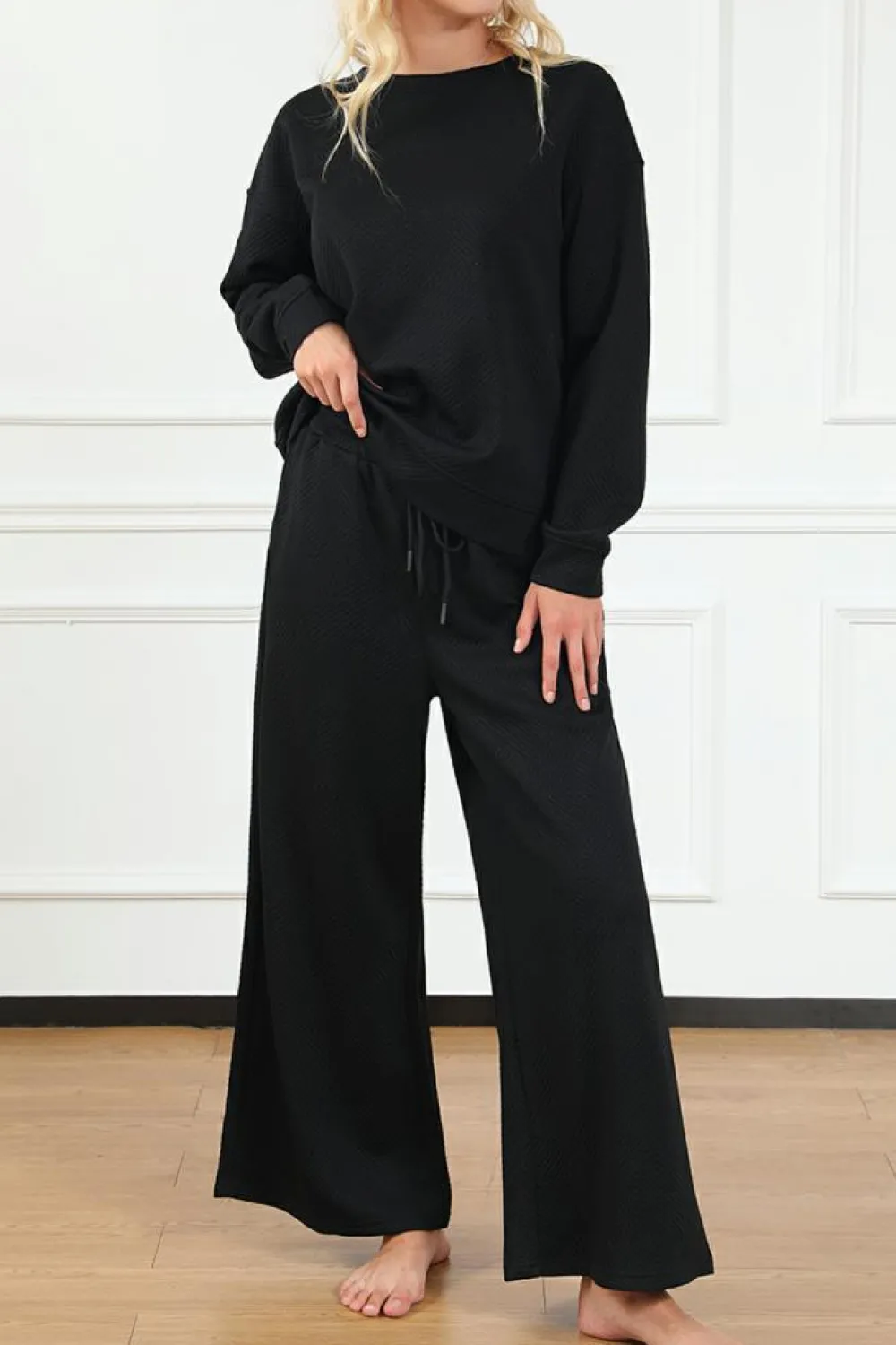 Discount Dear-Lover Ultra Loose Textured 2pcs Slouchy Outfit Black