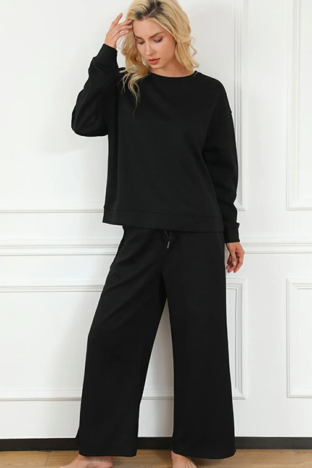 Discount Dear-Lover Ultra Loose Textured 2pcs Slouchy Outfit Black
