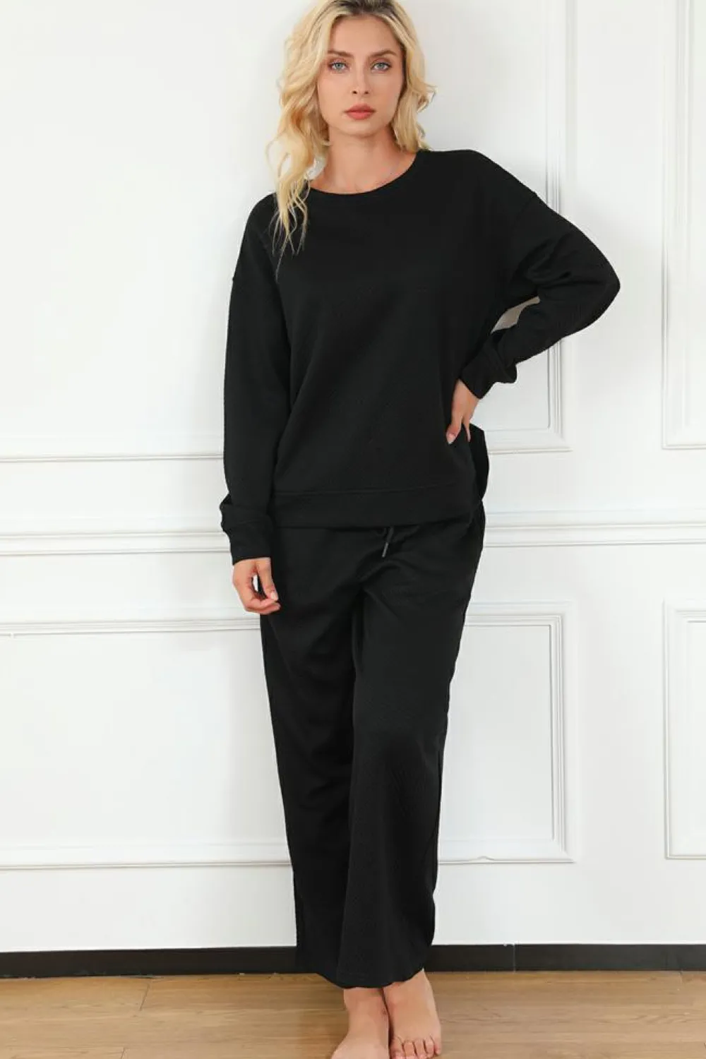Discount Dear-Lover Ultra Loose Textured 2pcs Slouchy Outfit Black