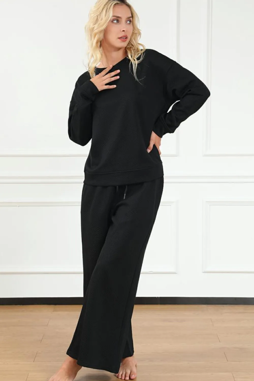 Discount Dear-Lover Ultra Loose Textured 2pcs Slouchy Outfit Black
