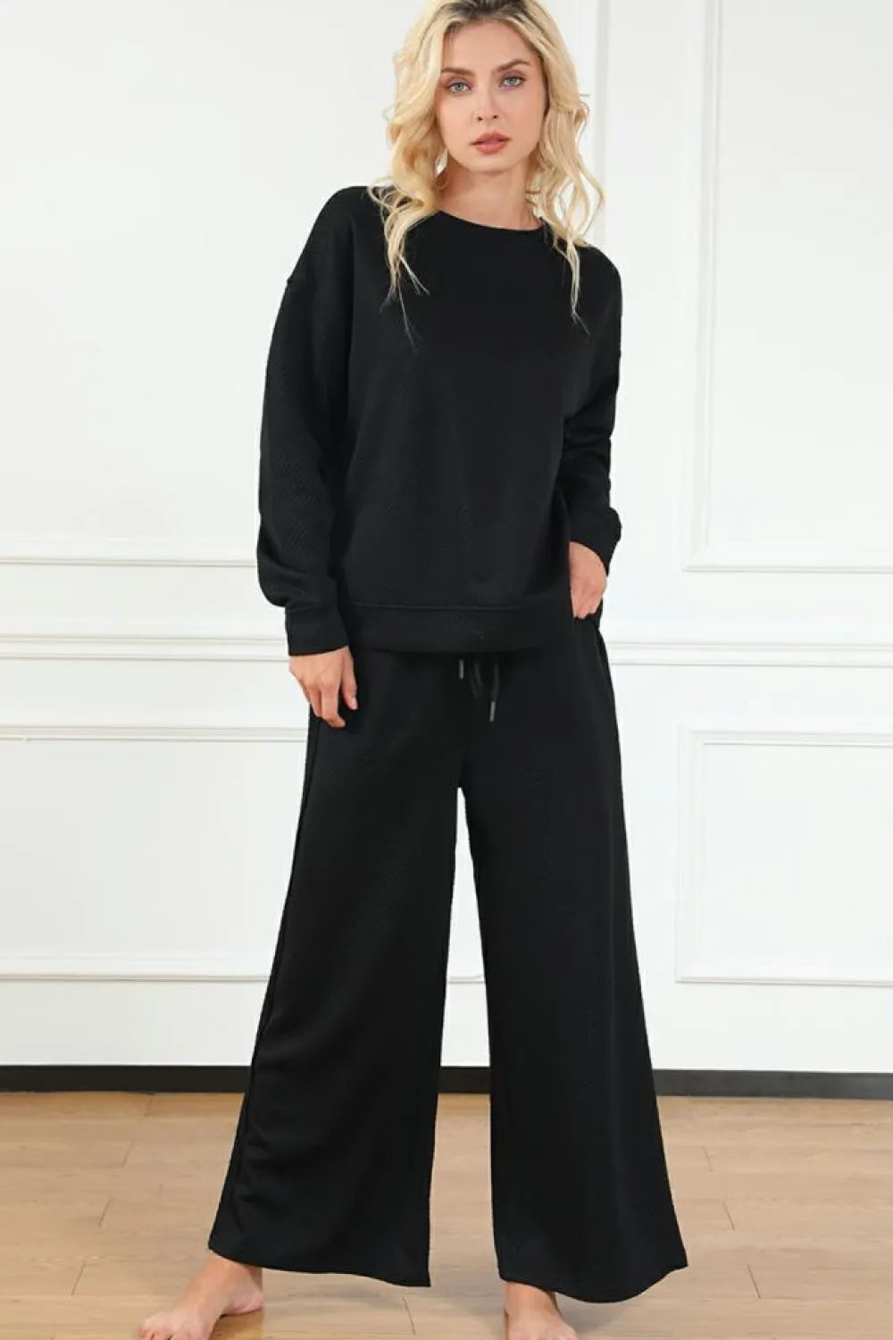 Discount Dear-Lover Ultra Loose Textured 2pcs Slouchy Outfit Black