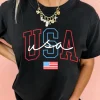 Fashion Dear-Lover USA Letter American Flag Print Casual T Shirt Black