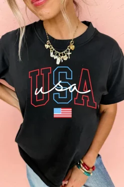 Fashion Dear-Lover USA Letter American Flag Print Casual T Shirt Black