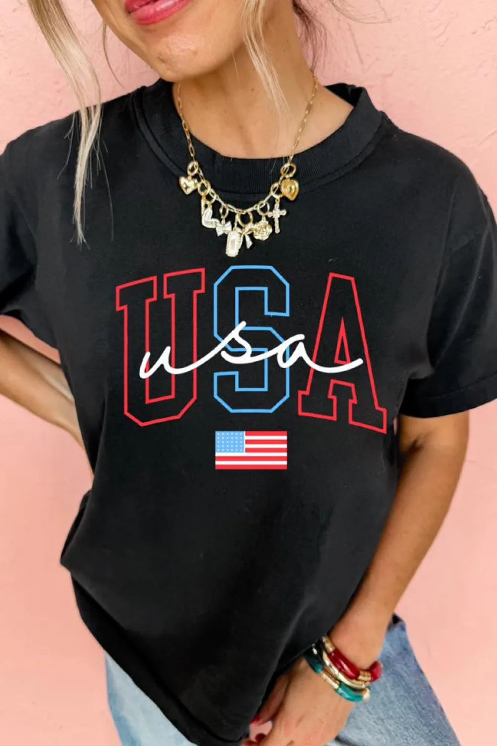 Fashion Dear-Lover USA Letter American Flag Print Casual T Shirt Black
