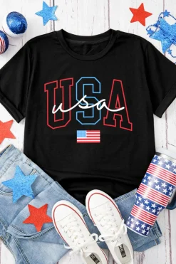 Fashion Dear-Lover USA Letter American Flag Print Casual T Shirt Black