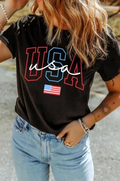 Fashion Dear-Lover USA Letter American Flag Print Casual T Shirt Black