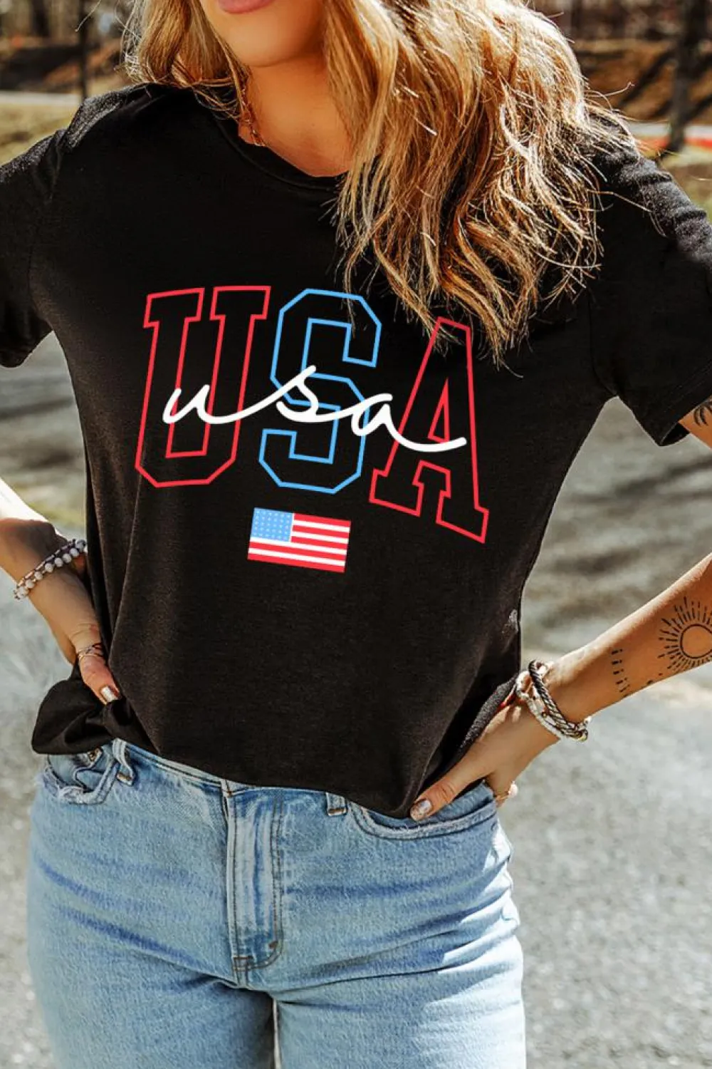Fashion Dear-Lover USA Letter American Flag Print Casual T Shirt Black