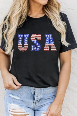 Outlet Dear-Lover USA Stars and Stripes Crew Neck Graphic Tee Black