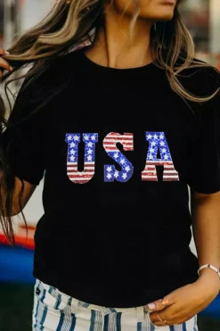 Outlet Dear-Lover USA Stars and Stripes Crew Neck Graphic Tee Black