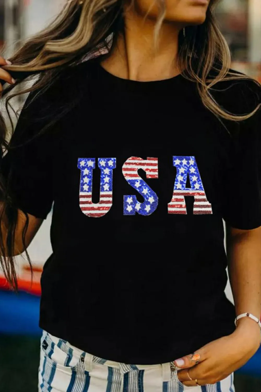 Outlet Dear-Lover USA Stars and Stripes Crew Neck Graphic Tee Black