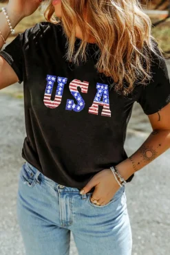 Outlet Dear-Lover USA Stars and Stripes Crew Neck Graphic Tee Black