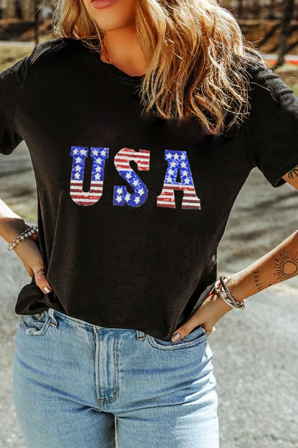 Outlet Dear-Lover USA Stars and Stripes Crew Neck Graphic Tee Black