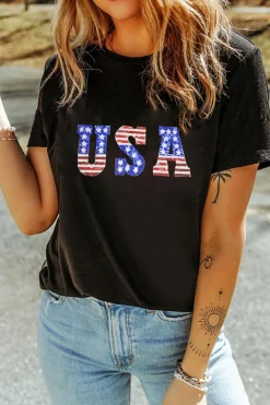Outlet Dear-Lover USA Stars and Stripes Crew Neck Graphic Tee Black