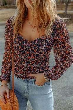 Outlet Dear-Lover  V Neck Bubble Sleeve Floral Blouse Black