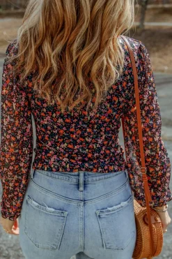 Outlet Dear-Lover  V Neck Bubble Sleeve Floral Blouse Black