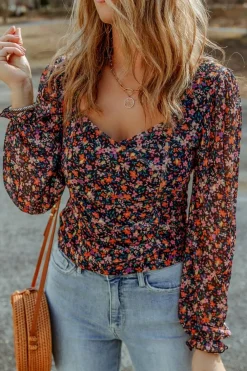 Outlet Dear-Lover  V Neck Bubble Sleeve Floral Blouse Black