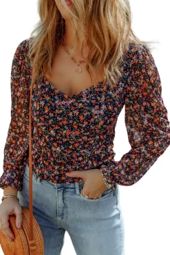 Outlet Dear-Lover  V Neck Bubble Sleeve Floral Blouse Black