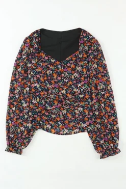 Outlet Dear-Lover  V Neck Bubble Sleeve Floral Blouse Black