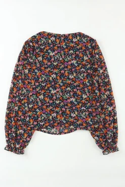Outlet Dear-Lover  V Neck Bubble Sleeve Floral Blouse Black