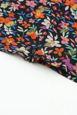 Outlet Dear-Lover  V Neck Bubble Sleeve Floral Blouse Black