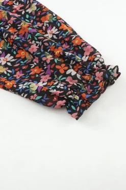 Outlet Dear-Lover  V Neck Bubble Sleeve Floral Blouse Black
