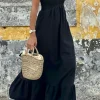 Fashion Dear-Lover V Neck Flutter Sleeve Smocked Bodice High Waist Ruffle Maxi Dress Black