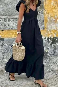 Fashion Dear-Lover V Neck Flutter Sleeve Smocked Bodice High Waist Ruffle Maxi Dress Black