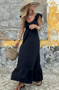 Fashion Dear-Lover V Neck Flutter Sleeve Smocked Bodice High Waist Ruffle Maxi Dress Black