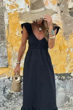 Fashion Dear-Lover V Neck Flutter Sleeve Smocked Bodice High Waist Ruffle Maxi Dress Black