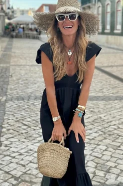Fashion Dear-Lover V Neck Flutter Sleeve Smocked Bodice High Waist Ruffle Maxi Dress Black