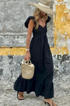 Fashion Dear-Lover V Neck Flutter Sleeve Smocked Bodice High Waist Ruffle Maxi Dress Black