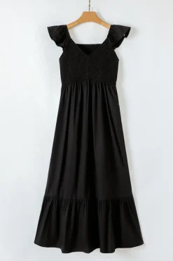 Fashion Dear-Lover V Neck Flutter Sleeve Smocked Bodice High Waist Ruffle Maxi Dress Black