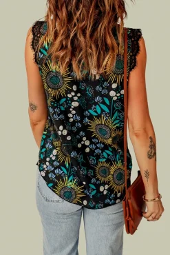 New Dear-Lover V Neck Lace Trim Floral Tank Black