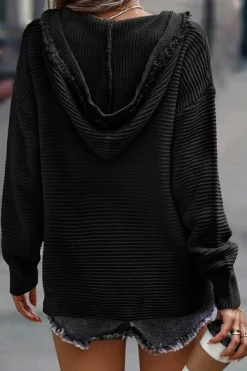 New Dear-Lover V Neck Ribbed Drop Shoulder Hooded Sweater Black