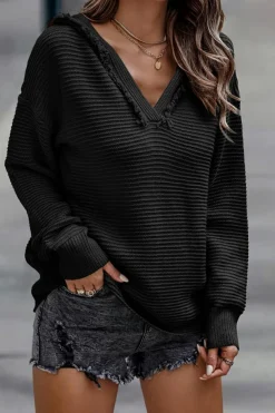 New Dear-Lover V Neck Ribbed Drop Shoulder Hooded Sweater Black